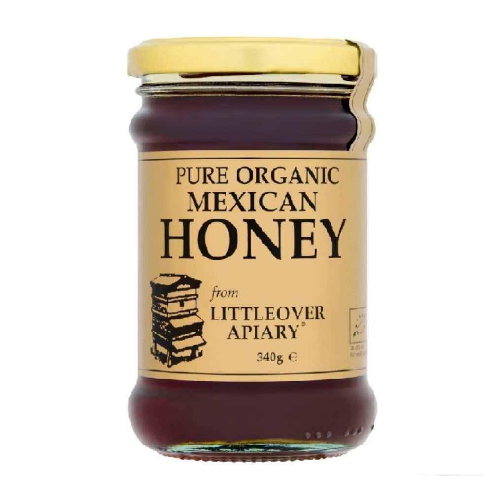 Jar of pure organic Mexican honey from Littleover Apiary on a white background