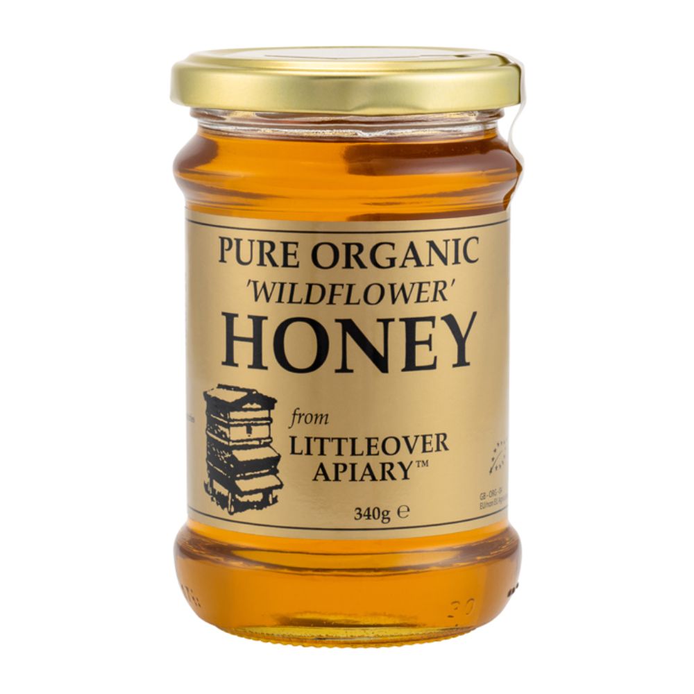 Jar of pure organic wildflower honey from Littleover Apiary on a white background