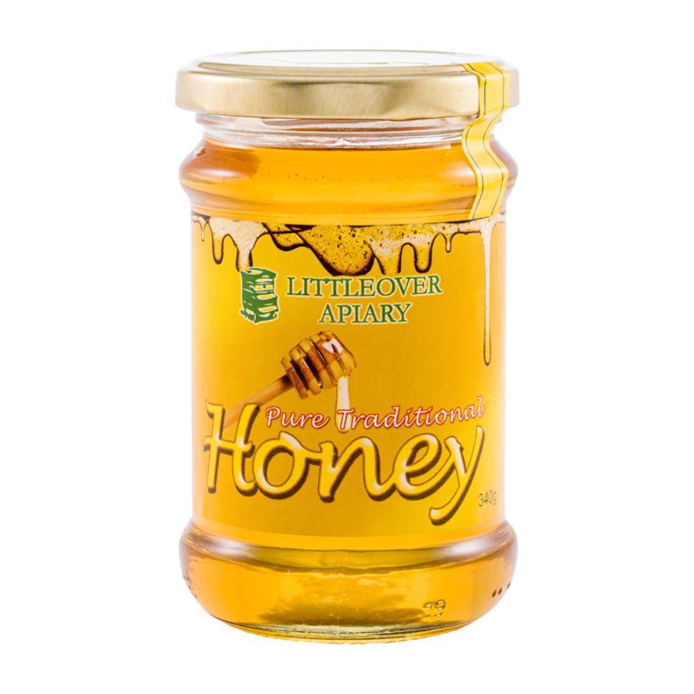 Jar of honey from Littleover Apiary on a white background