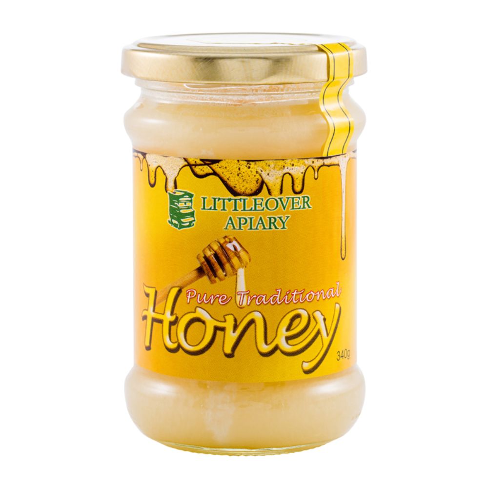 Jar of honey from Littleover Apiary on a white background