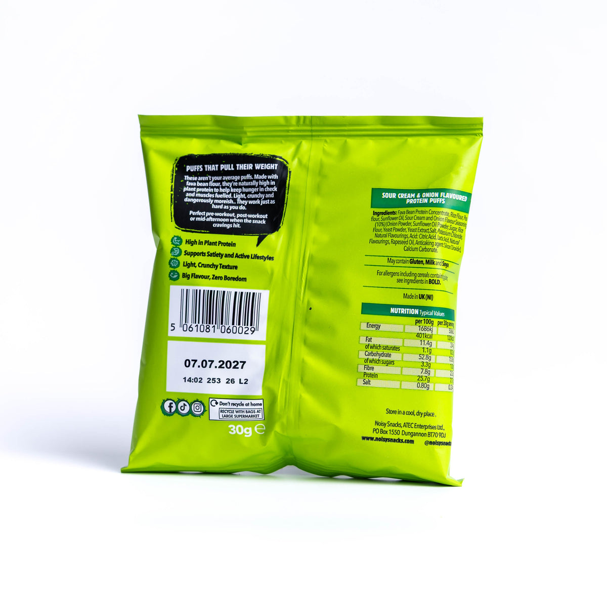 Noisy Snacks Sour Cream & Onion Protein Puffs back of pack