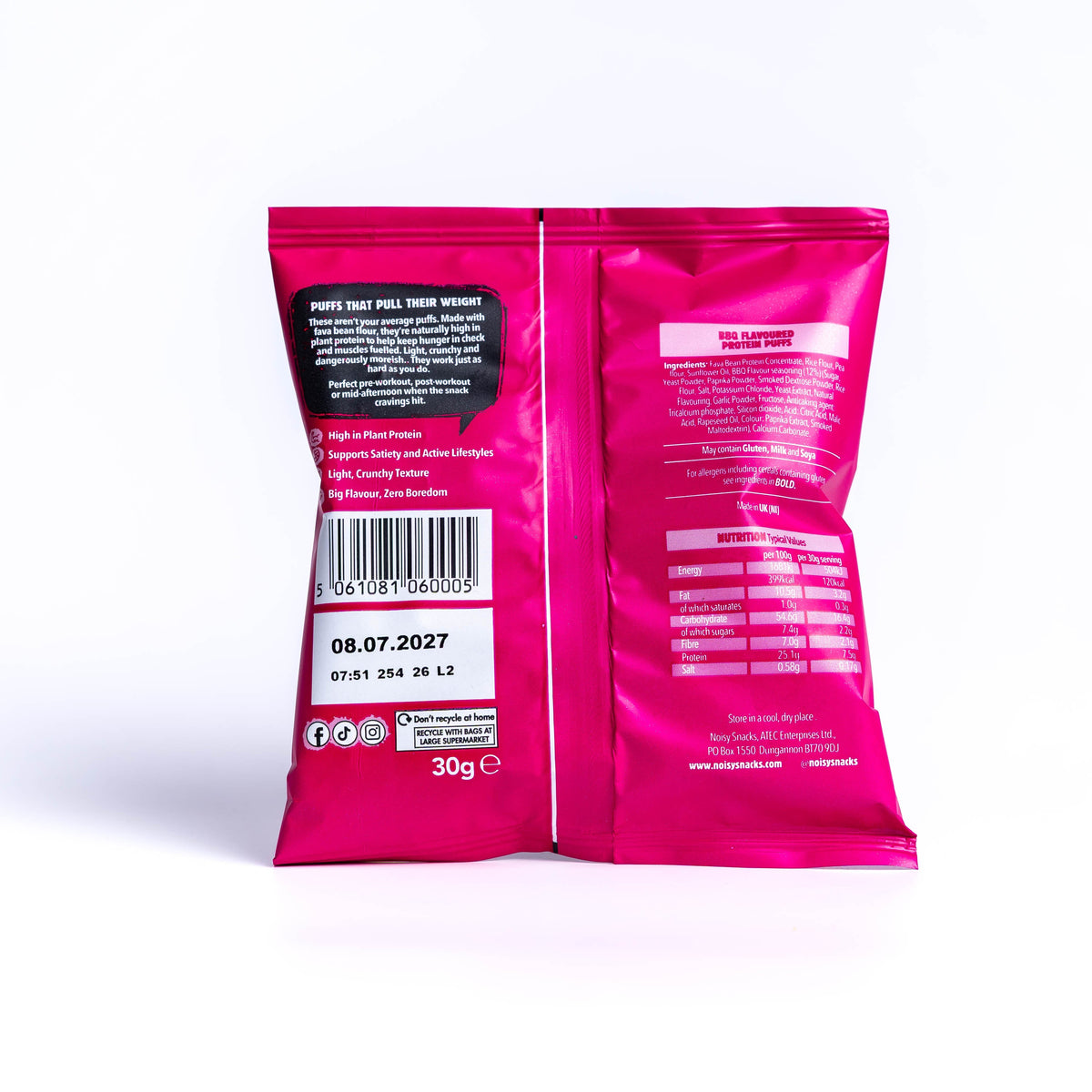 Noisy Snacks Smoky BBQ Protein Puffs back of pack