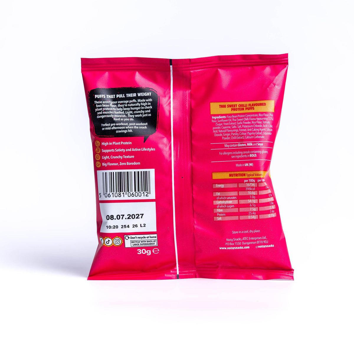 Noisy Snacks Thai Sweet Chilli Protein Puffs back of pack