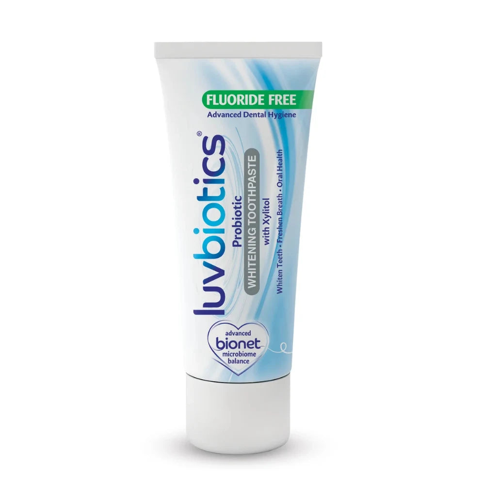 Luvbiotics probiotic toothpaste tube on a white background