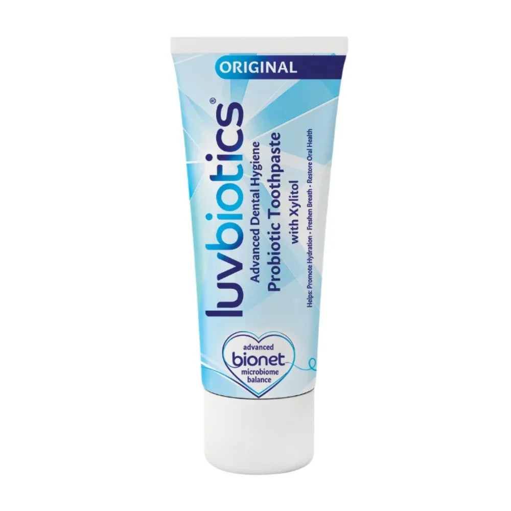 Luvbiotics probiotic toothpaste tube on a white background