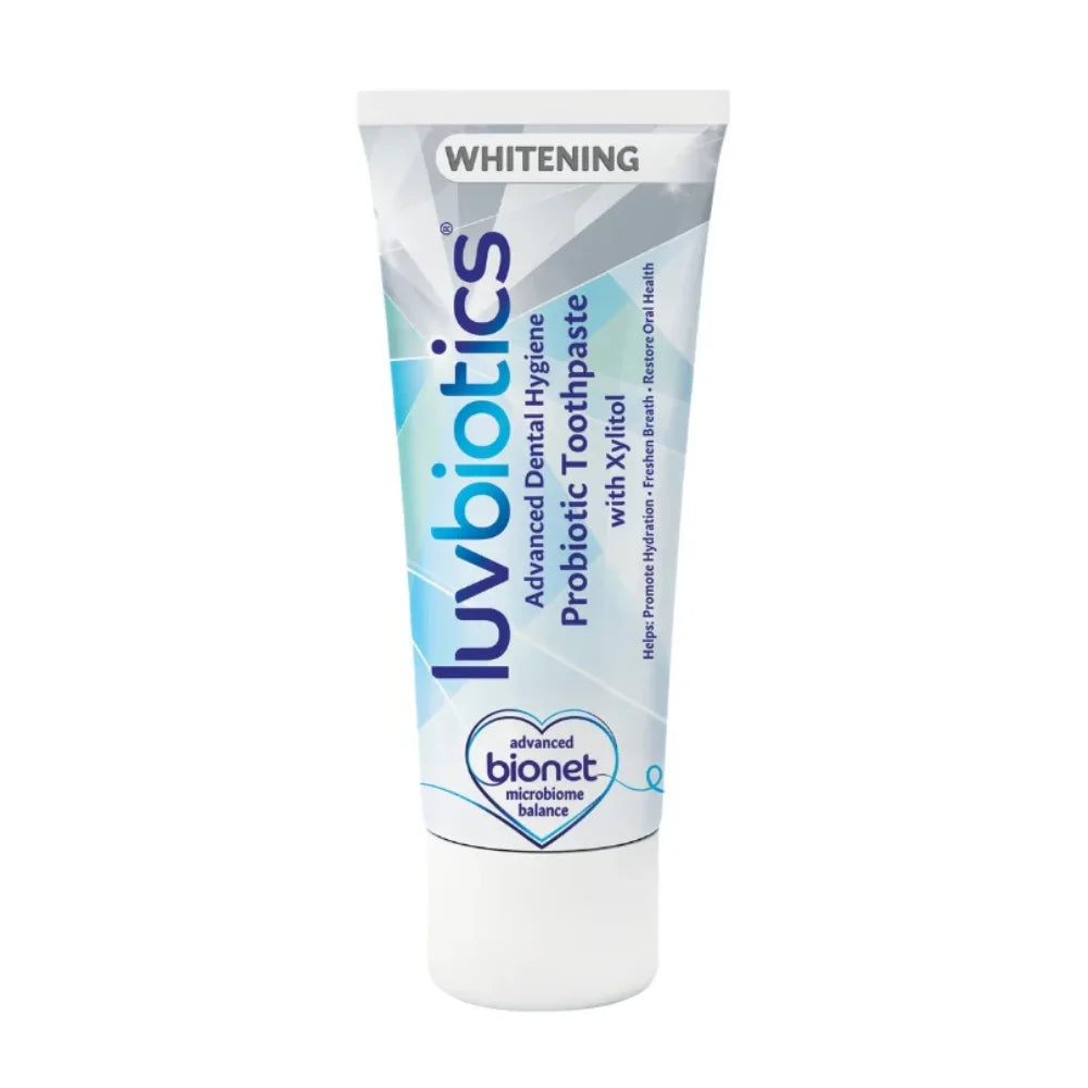 Luvbiotics Whitening Probiotic Toothpaste tube on a white background