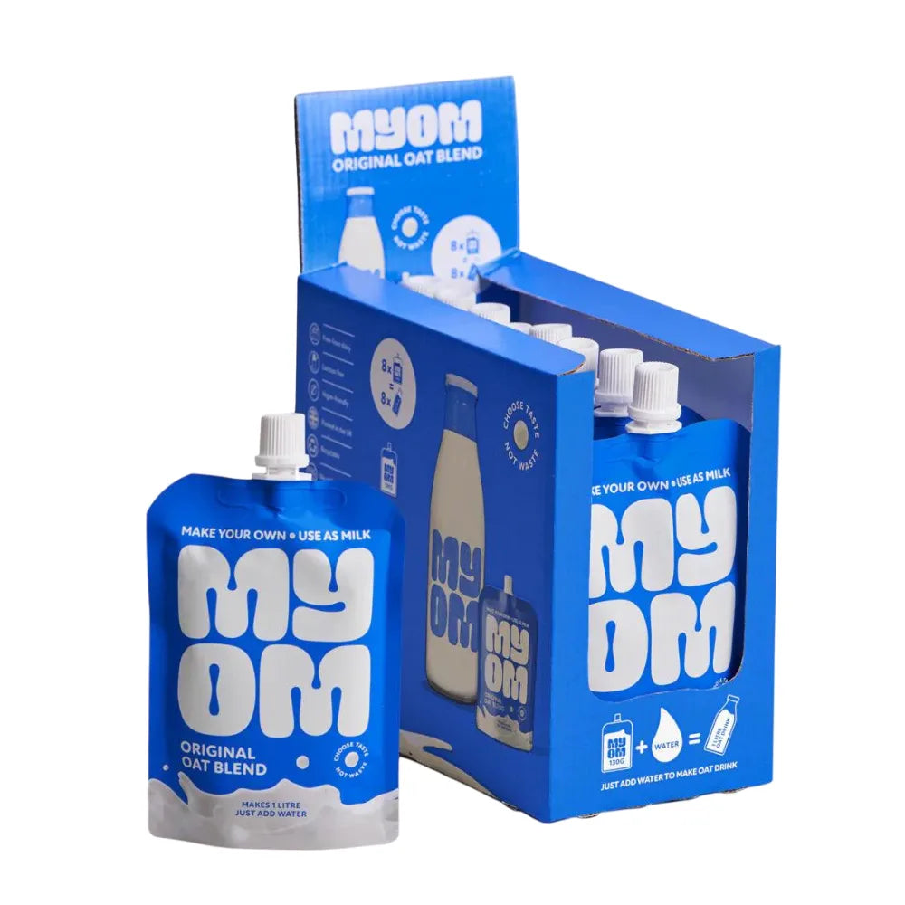 MY OM oat blend packaging including a pouch and a box on a white background