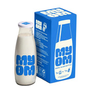 Glass bottle and packaging of 'MYOM' on a white background