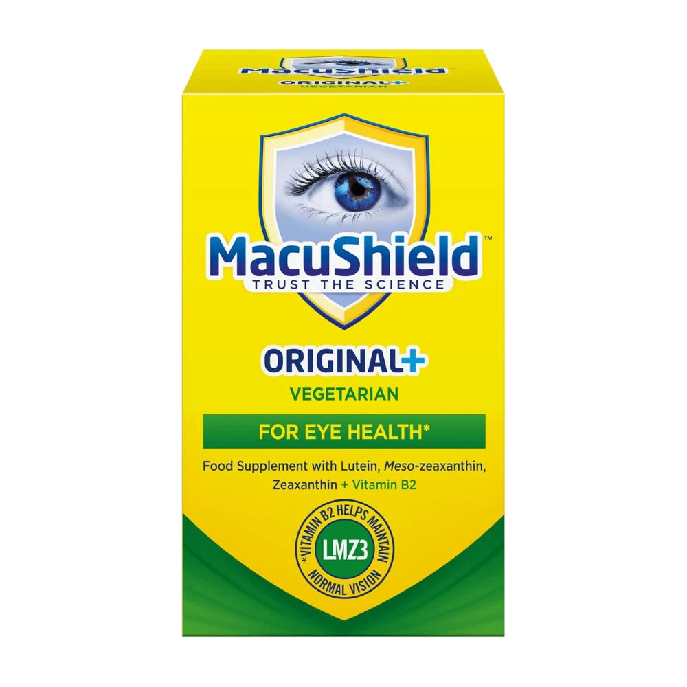 MacuShield Original+ vegetarian eye health supplement box on a white background