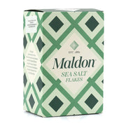 Maldon sea salt flakes packaging with green and white geometric pattern