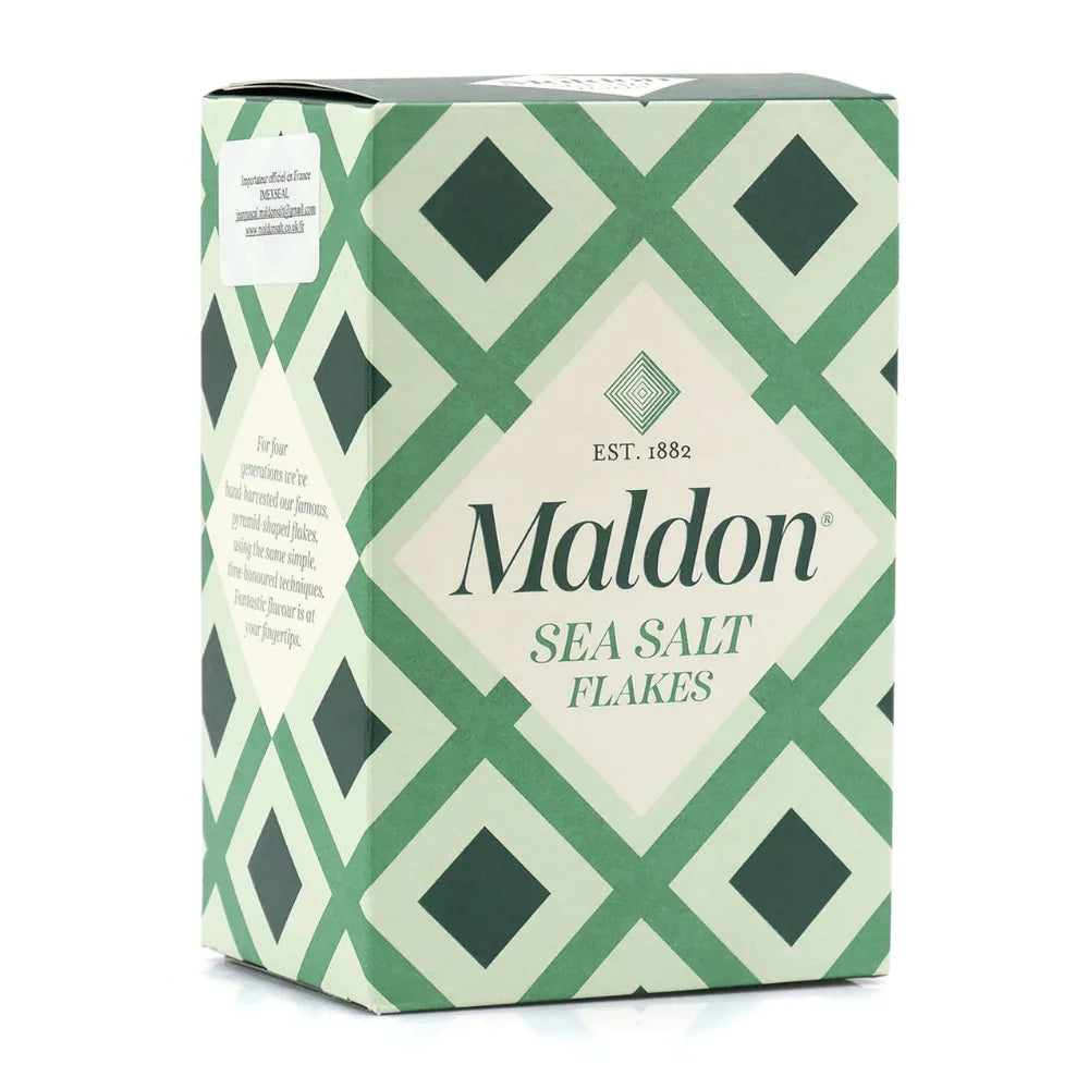 Maldon sea salt flakes packaging with green and white geometric pattern