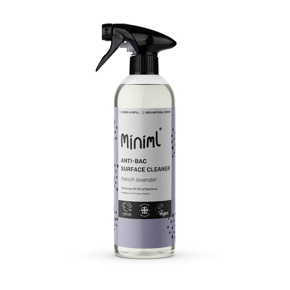 Miniml anti-bac surface cleaner bottle with lavender scent on a white background
