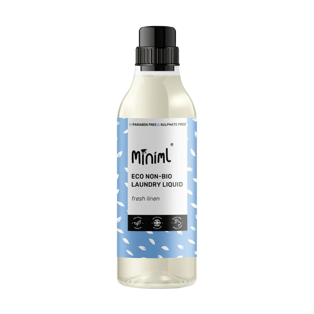 Bottle of Miniml eco non-bio laundry liquid on a white background