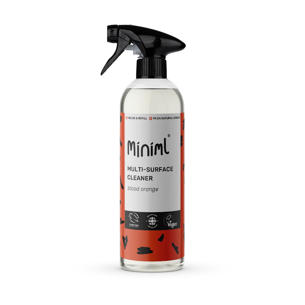 Miniml multi-surface cleaner bottle with black spray nozzle on a white background