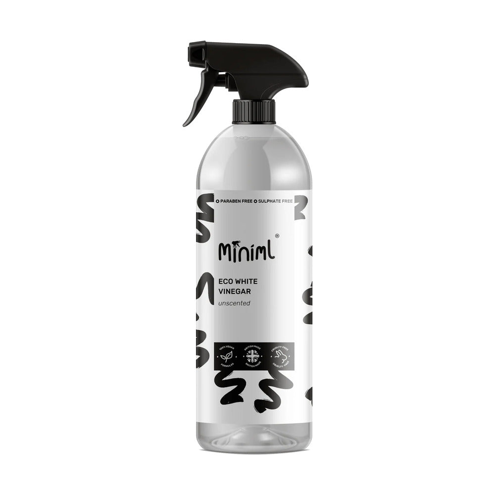 Clear spray bottle with black nozzle labeled 'Miniml' on a white background