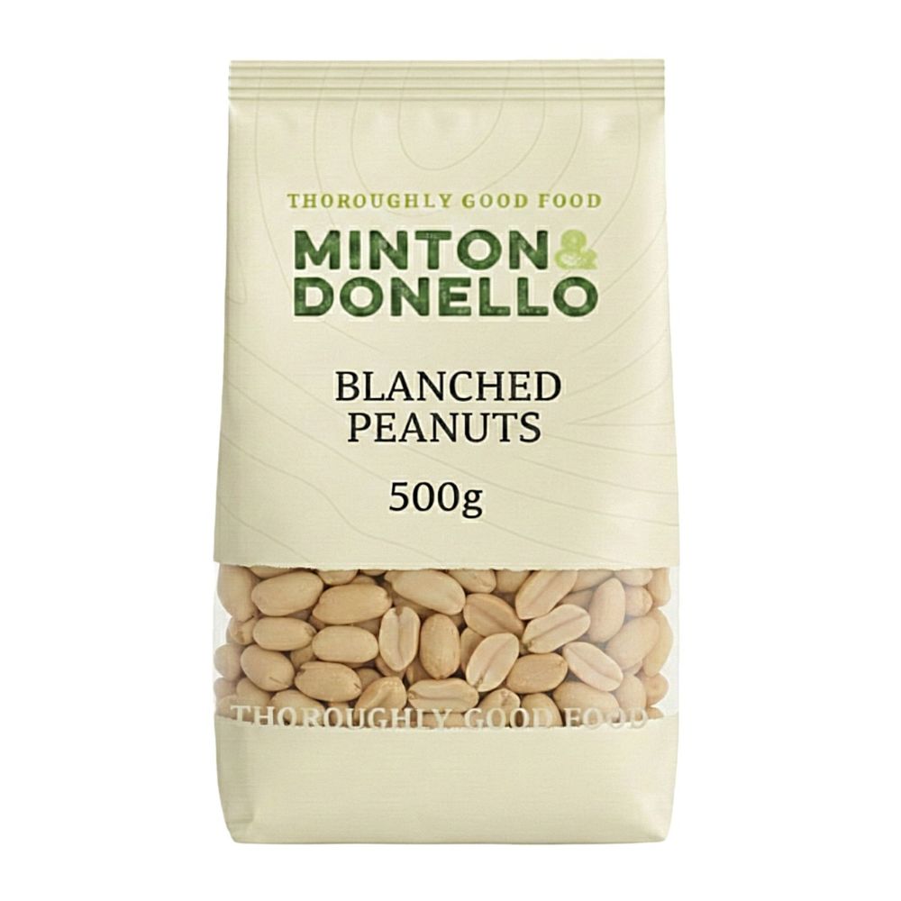 Bag of Minton & Donello blanched peanuts on a white background