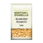 Packaging of Minton & Donello blanched peanuts on a white background