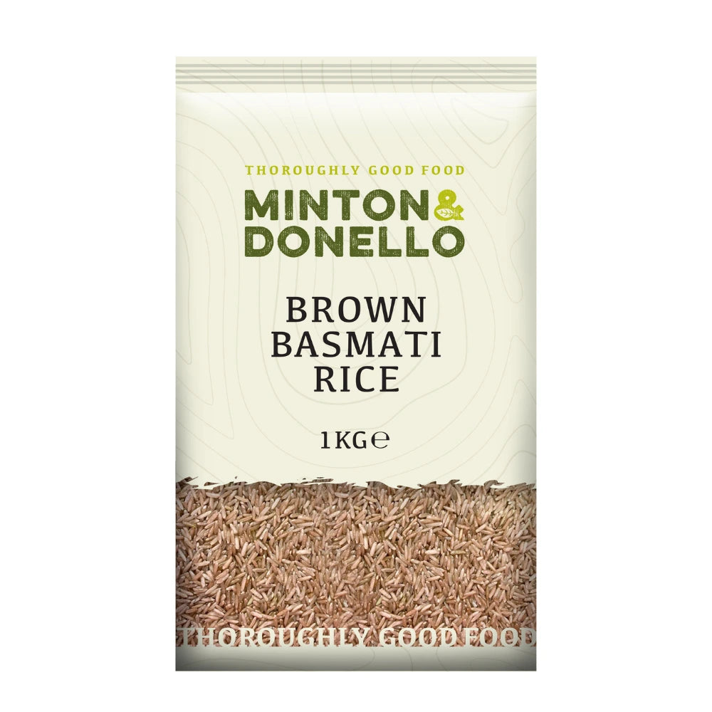 Minton & Donello brown basmati rice package on a white background