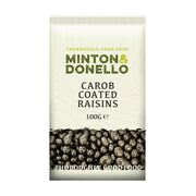 Packaging of Minton & Donello Carob Coated Raisins on a white background