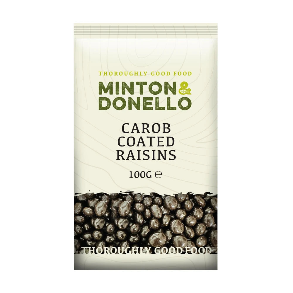 Packaging of Minton & Donello Carob Coated Raisins on a white background