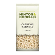 Packaging of Minton & Donello cashew kernels on a white background