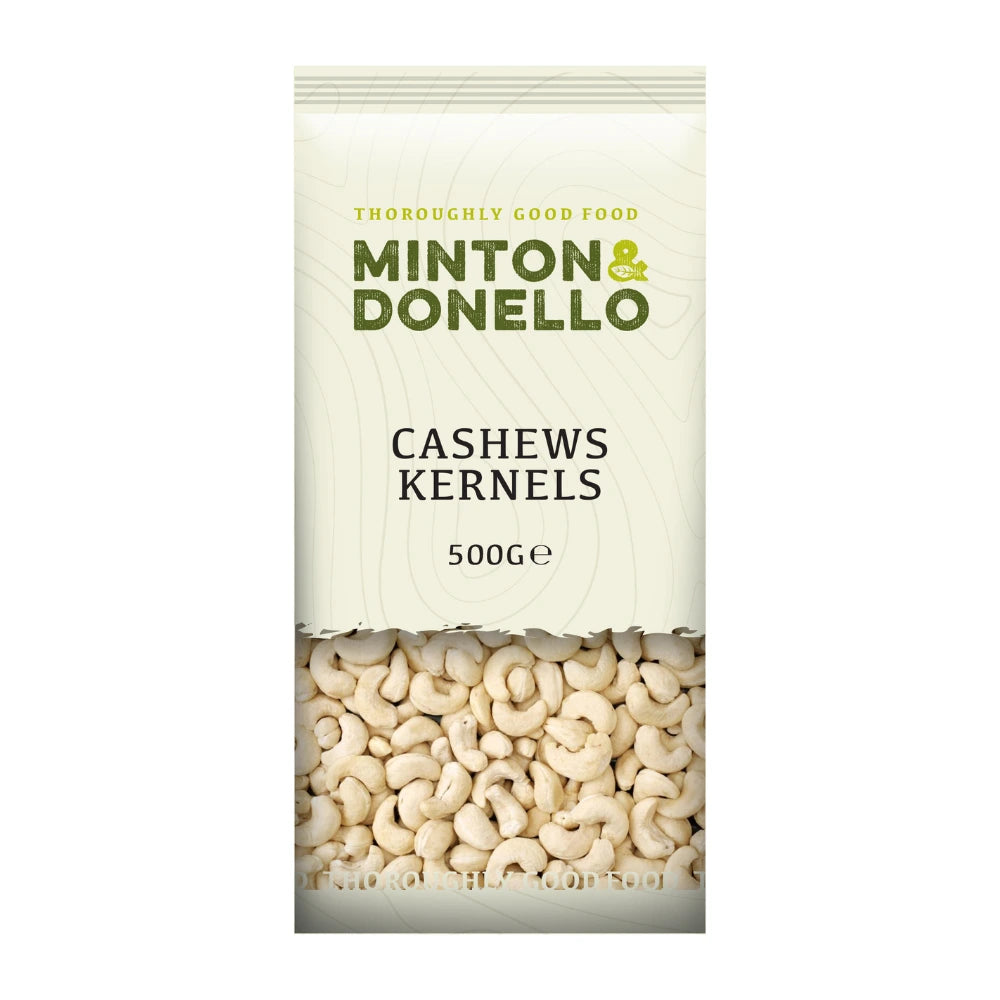 Packaging of Minton & Donello cashew kernels on a white background