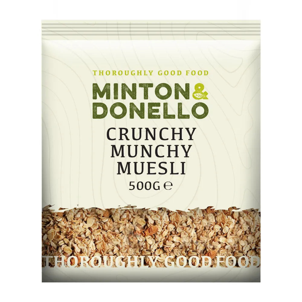 Minton & Donello Crunchy Munchy Muesli packaging on a white background