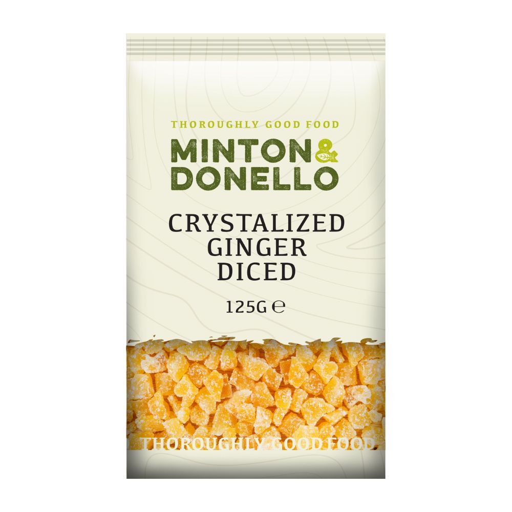 Packaging of Minton & Donello crystalized ginger diced on a white background