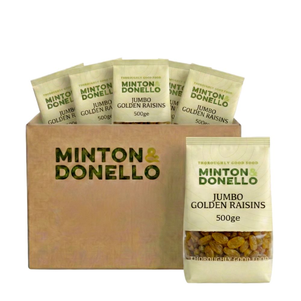 Minton & Donello Jumbo Golden Raisins packaging with a cardboard box on a white background
