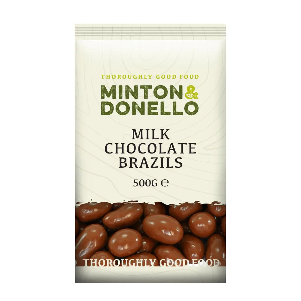 Packaging of Minton & Donello Milk Chocolate Brazils on a white background