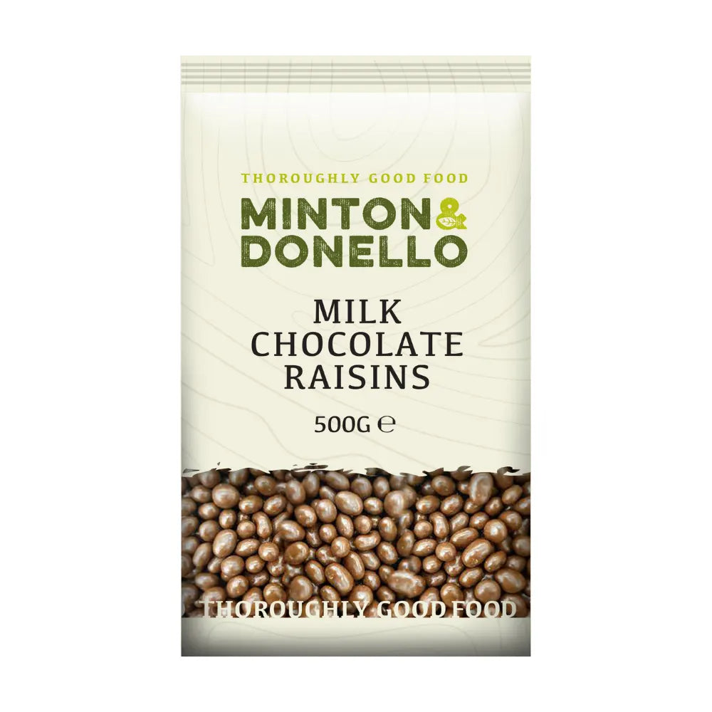 Packaging of Minton & Donello Milk Chocolate Raisins on a white background