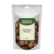 Packaged nutmegs with Minton & Donello label on a white background