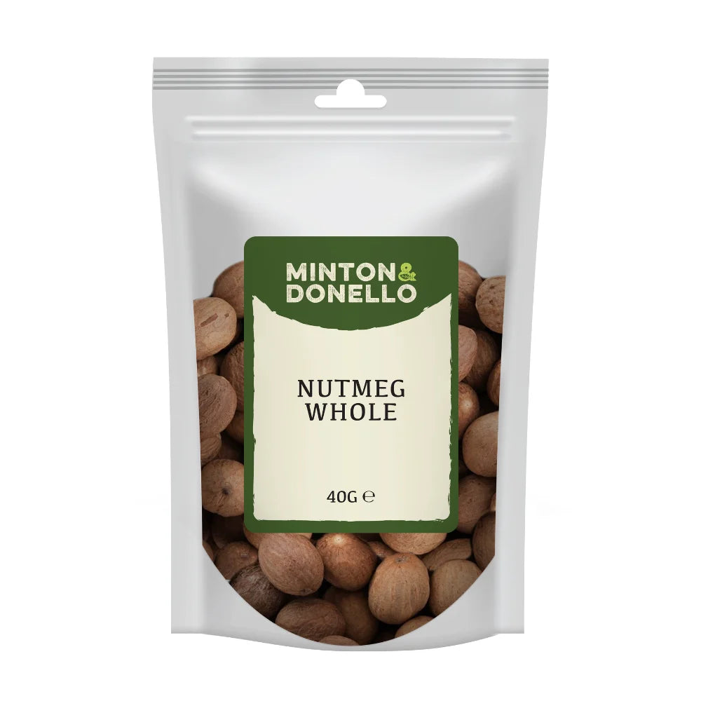 Packaged nutmegs with Minton & Donello label on a white background