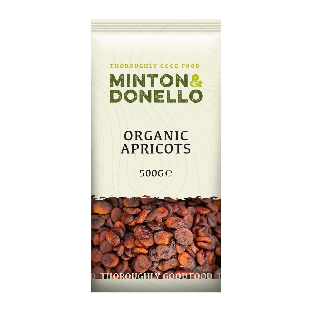 Packaging of Minton & Donello Organic Apricots on a white background