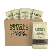 Box of Minton & Donello organic chia seeds with packaging on a white background