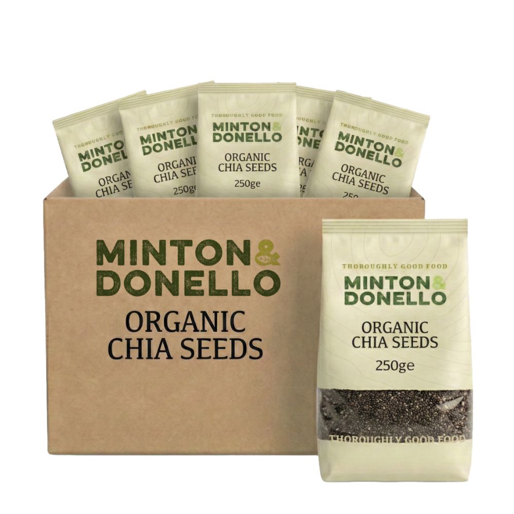 Box of Minton & Donello organic chia seeds with packaging on a white background
