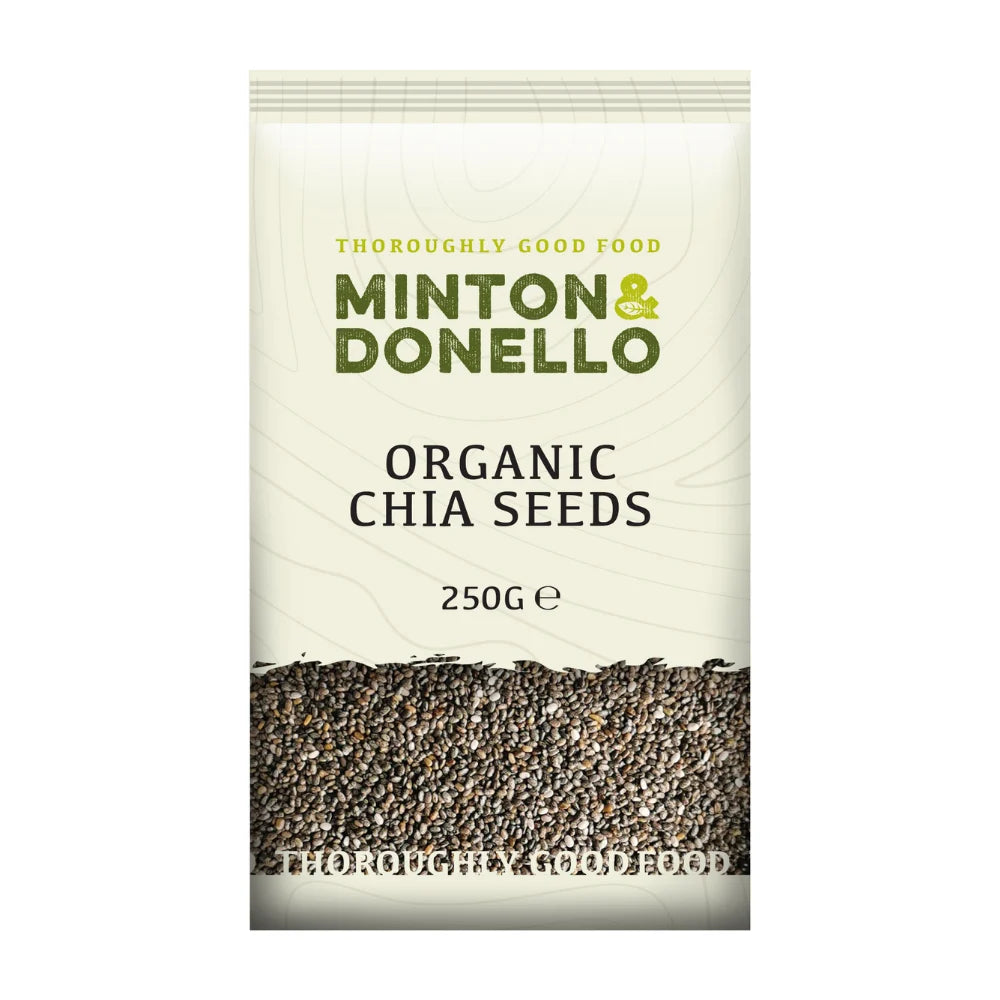 Packaging of Minton & Donello Organic Chia Seeds on a white background