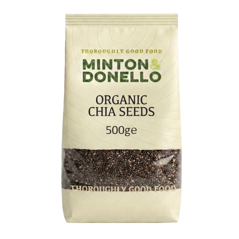 Bag of Minton & Donello organic chia seeds on a white background