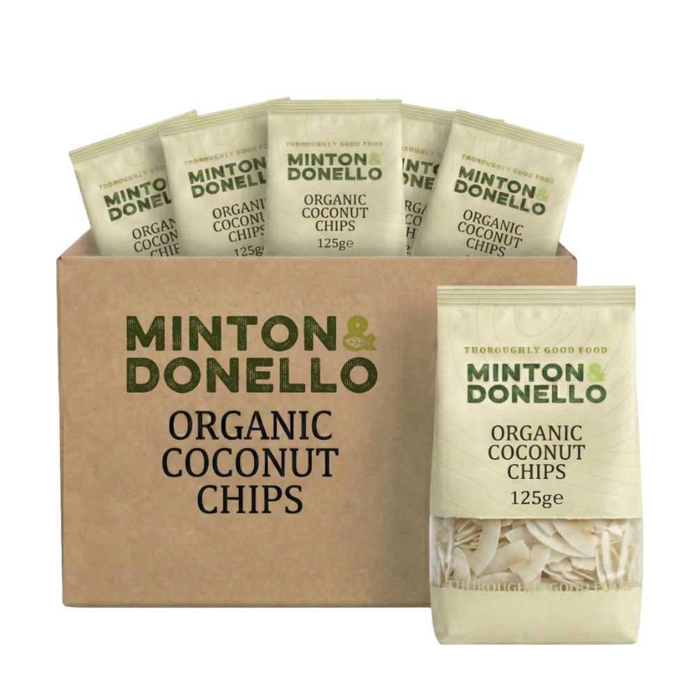 Box of Minton & Donello Organic Coconut Chips with individual packets displayed.