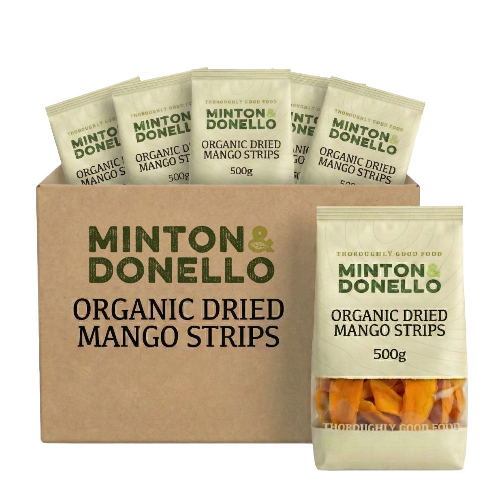 Minton & Donello organic dried mango strips packaging with a cardboard box.