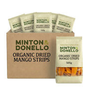 Minton & Donello organic dried mango strips packaging with a cardboard box.