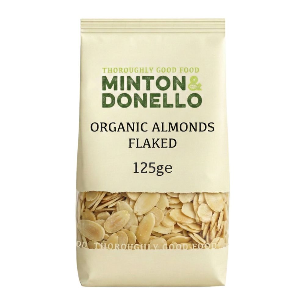 Bag of Minton & Donello organic flaked almonds on a white background