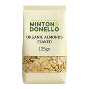 Bag of Minton & Donello organic flaked almonds on a white background