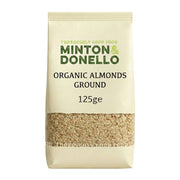 Bag of Minton & Donello organic ground almonds on a white background