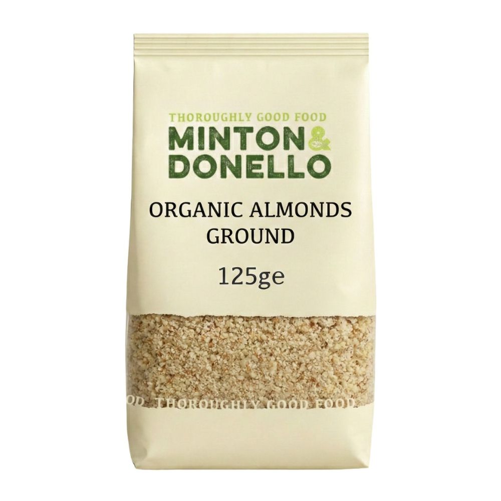 Bag of Minton & Donello organic ground almonds on a white background