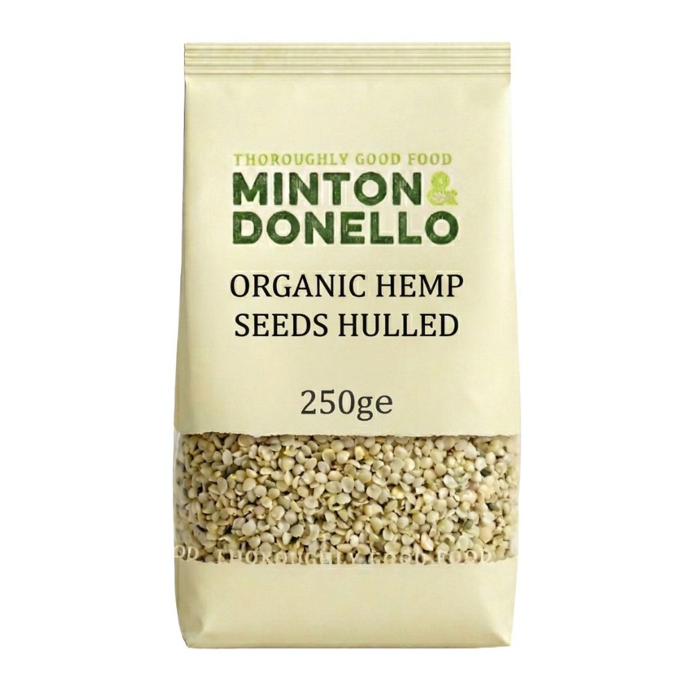 Bag of Minton & Donello organic hemp seeds hulled on a white background