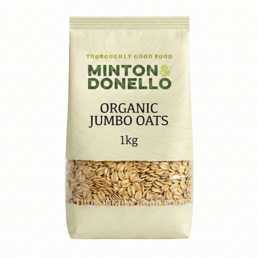 Bag of Minton & Donello Organic Jumbo Oats on a white background