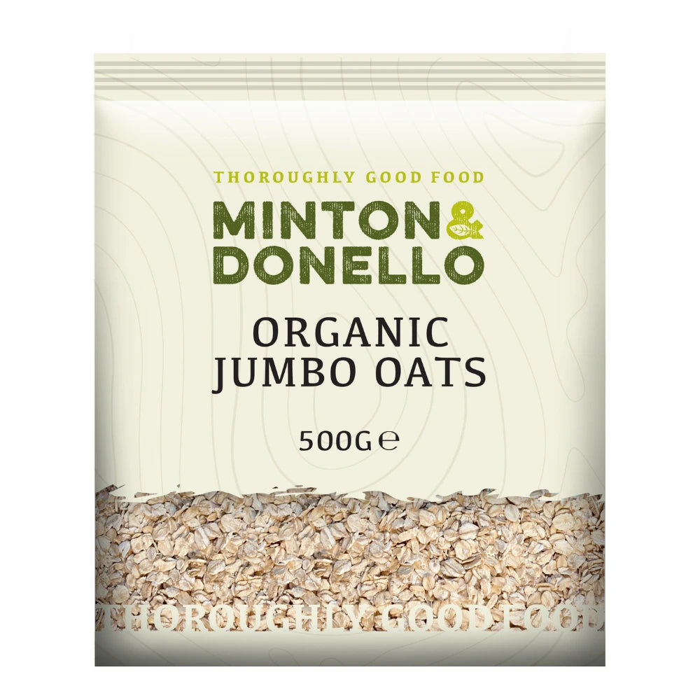 Package of Minton & Donello Organic Jumbo Oats on a white background