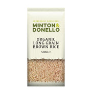Minton & Donello organic long grain brown rice package on a white background