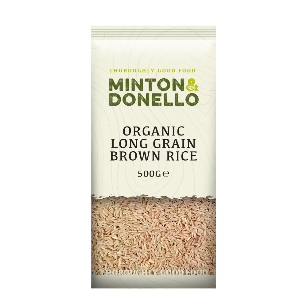 Minton & Donello organic long grain brown rice package on a white background
